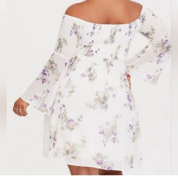 Torrid ivory and purple floral smocked chiffon off-the-shoulder dress - Picture 2 of 15